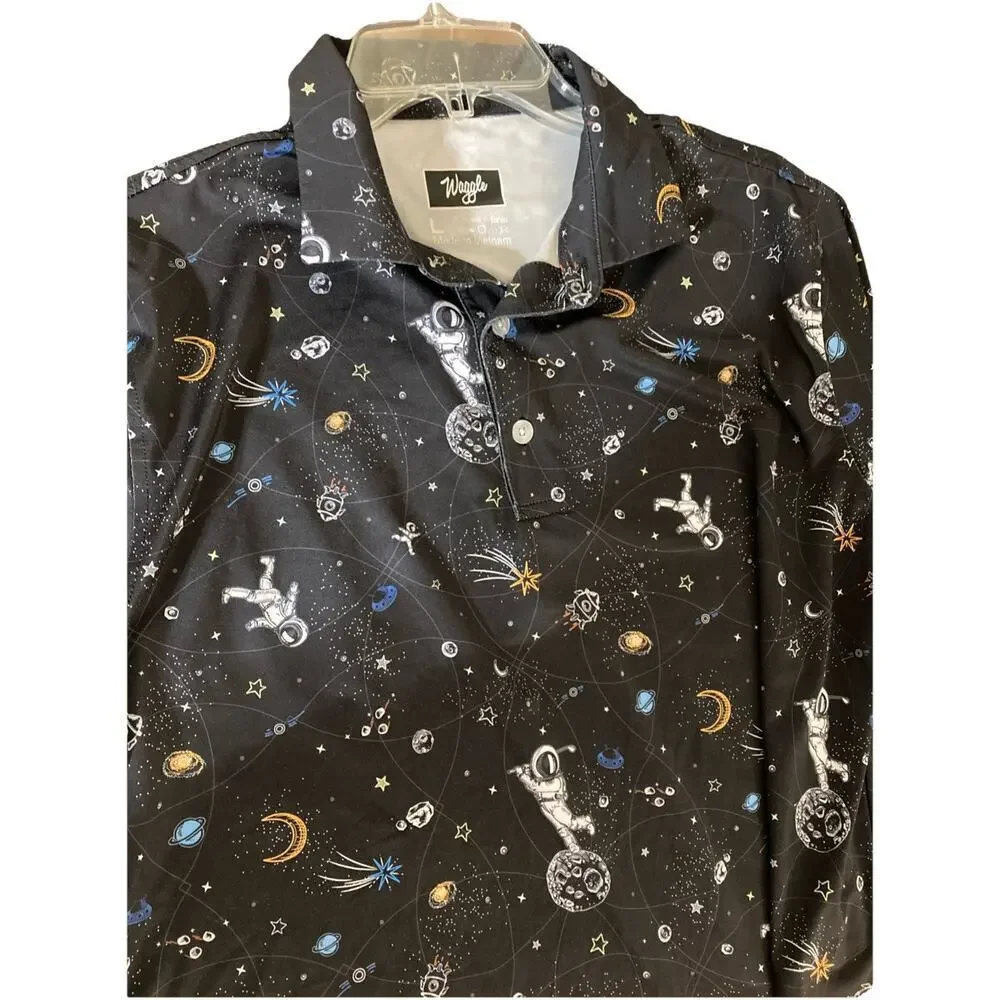 Waggle Golf Polo Shirt Mens L Black Astronaut Space Print Mission Albatross‎ - Picture 6 of 8